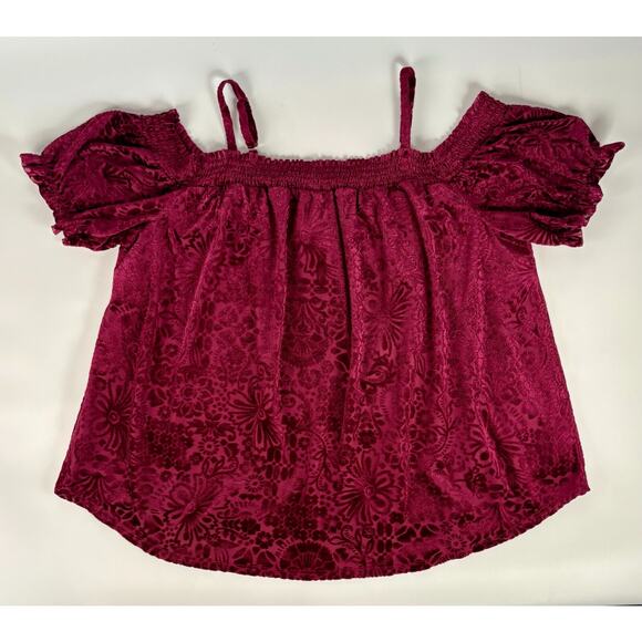 Velvet Burnout Top Purple Wine Cold Shoulder Blouse Whimsigoth 2X Dark Romantic - Picture 7 of 9